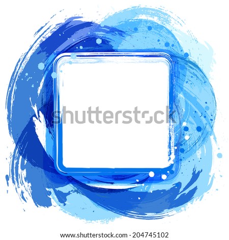 Abstract background. Artistic brush strokes and paint splashes with square place for text. Blue.