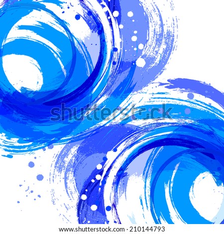 Square abstract background. Artistic brush strokes and paint splashes with round place for text. Blue.