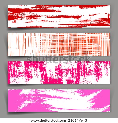 Set of banners with red, pink and white brush strokes and paint splashes. Abstract background.