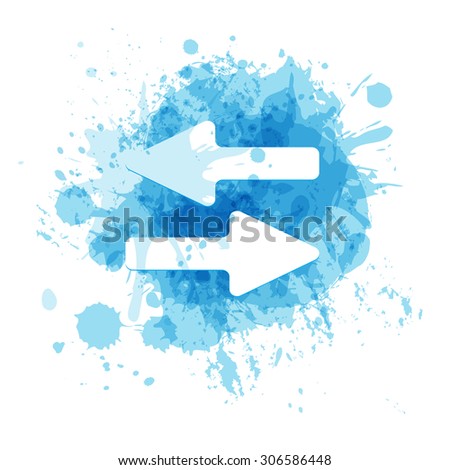Illustration with blue water color paint splashes and smudges. Vector symbol.  Left and right arrows silhouette.