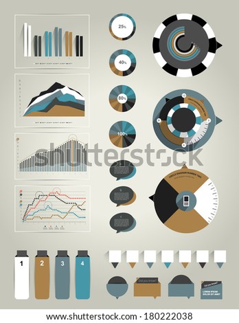 Collection of exclusive business flat infographics elements. Charts, graphs, round, circle diagrams, speech bubbles, stickers, text fields. Can be used for annual report, catalog, brochure, magazine.