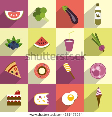 Collection of diet and fat food. Fruit, vegetable, cakes, sweets set.