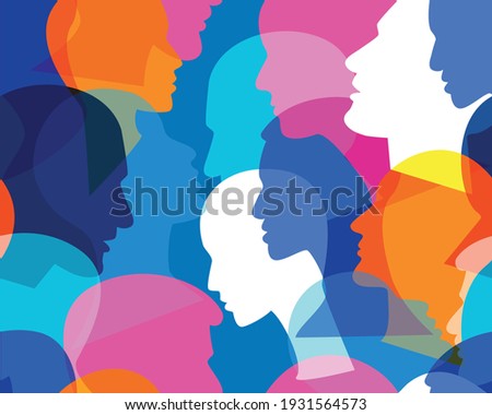 People profile heads. Seamless pattern of a crowd of many different people profile heads. Vector background.