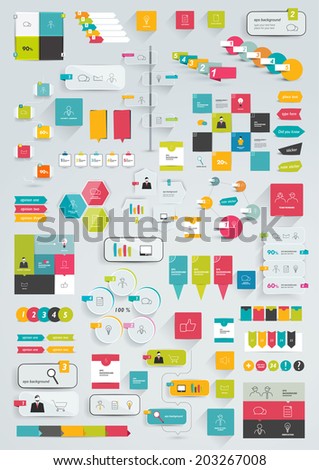 Collections of infographics flat design template. Various color schemes, boxes, speech bubbles, charts. Vector illustration. 