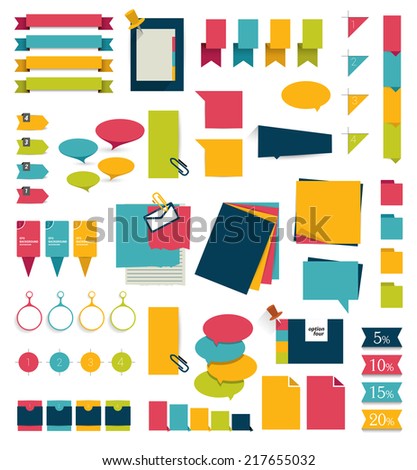 Collections of infographics flat design diagrams. Various color schemes, boxes, ribbons, speech bubbles for print or web design. Vector illustration. 