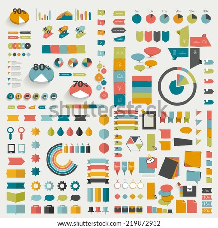 Big collections of info graphics flat design diagrams. Various color schemes, boxes, speech bubbles, charts and stickers. Vector illustration. 