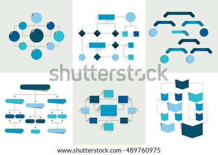 Flowcharts. Set of 6 flow charts schemes, diagrams. Simply color editable. Infographics elements.