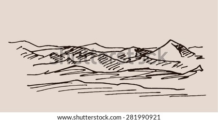 Mountain And Valley Scenery Sketch Hand Drawing, In Engraving Etching ...