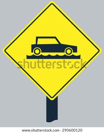 Yellow sign with car on flood slip water road silhouette, for transportation design