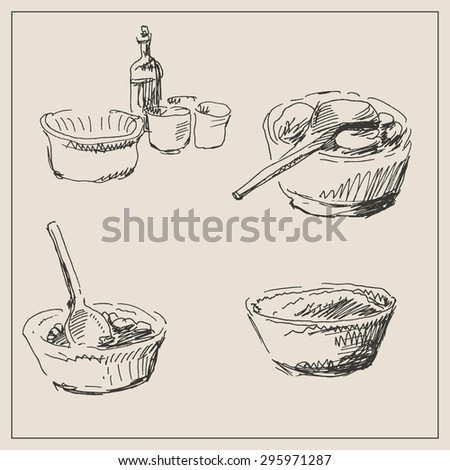 Kitchenware and  cooking tool set with spoon, dish and food, in engraving etching sketch hand drawing style, for food and  cooking design