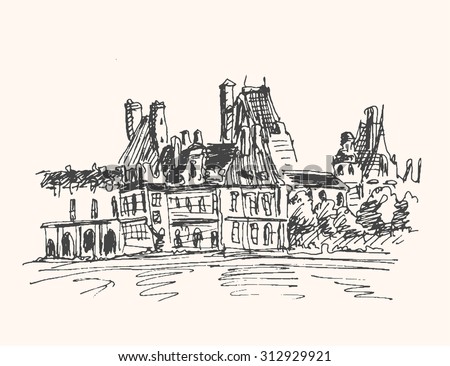 Palace of Fontainebleau near Paris in France, in urban sketch style, for travel and tourism business design.Vector