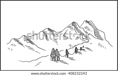 Mountaineering hand drawn sketch illustration with mountain climbers, for outdoor and expedition travel design
