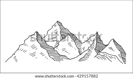 highland mountain landscape with snowy ridge, sketch style hand drawn vector illustration