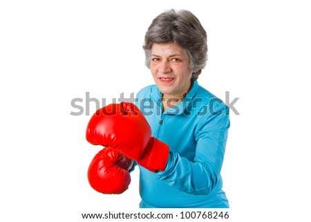 Female senior with red box gloves - isolated on white backgroound