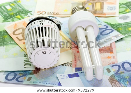 Thermostat with energy saving light bulb with banknotes in background