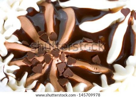 Creamy chocolate ice cream with chocolate hearts