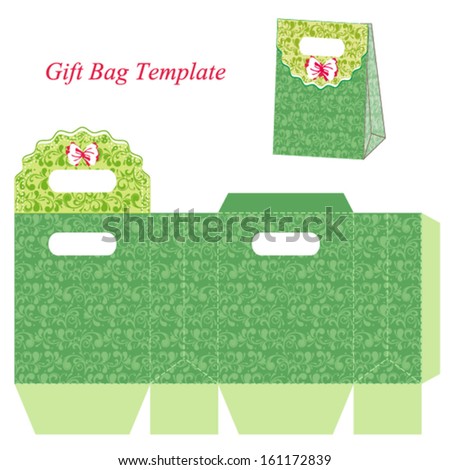 Green Gift Bag Template With Floral Pattern. Vector Illustration ...