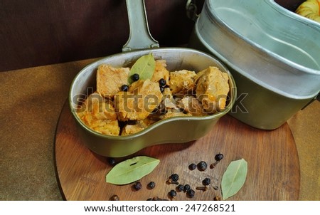 Stew of pork in the canteen - mess-tin used in military and scouting