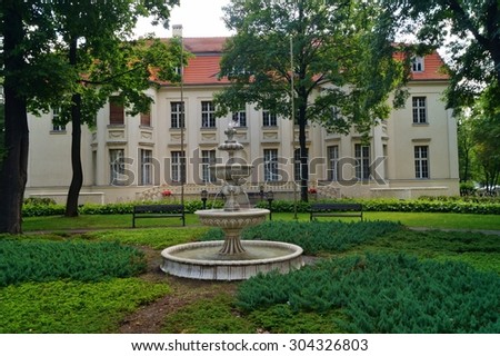 LODZ, POLAND -29 AUGUST  2014;Lodz city architecture -  Fountain and Palace of Alfred Biederman