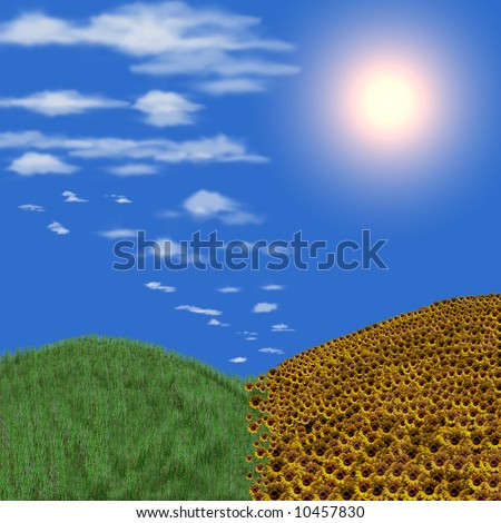Lonely planet - earth, with green grass and blue sky; sunflowers vs grass