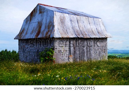 Digital art, artistic paint composition, old barn, farm, flowers field