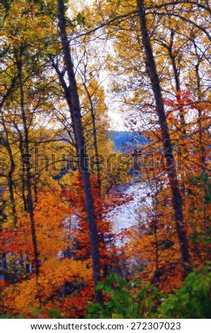 Digital art, paint effect, autumn landscape, river, Quebec, Canada
