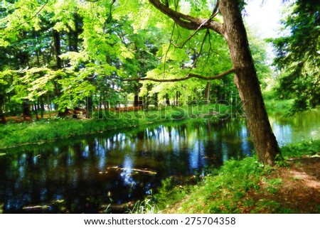 Digital art, artistic oil paint effect, green forest summer pond