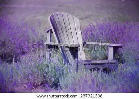 Digital art, artistic paint effect, adirondack old purple chair, on lavender flowers field, Quebec, canada