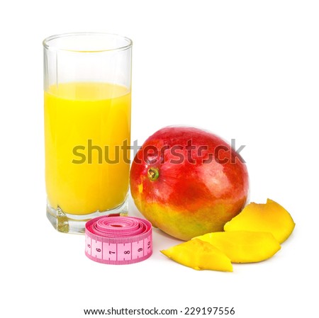Mango juice in glass, mango fruit with centimeter isolated on white background