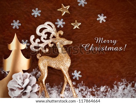 christmas background with gold deer and snowflake