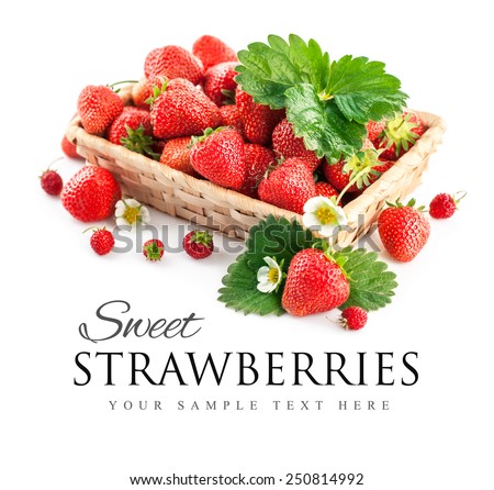 Basket fresh strawberry with green leaf and flower. Isolated on white background