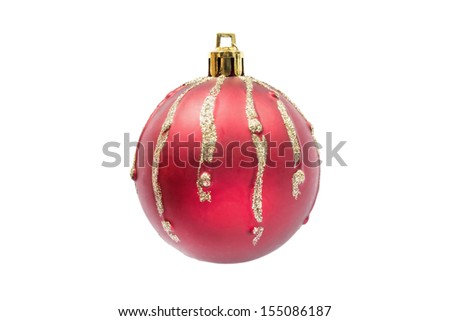 Red mat christmas ball with sparkling golden strips isolated over white