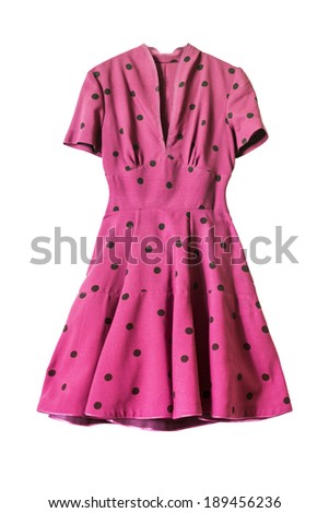 Retro pink knee-length dress with short sleeves on white background