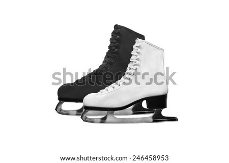 Male and female figure skating boots on white background