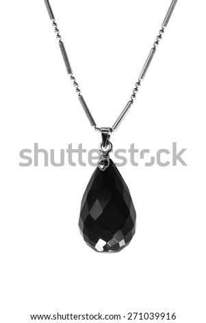 Black obsidian pendant on silver chain isolated over white