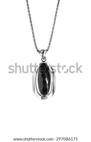 Black onyx pendant on a chain isolated over white