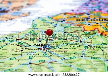 Paris pinned on a map of europe