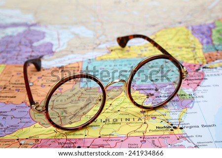 Glasses on a map of USA - West Virginia