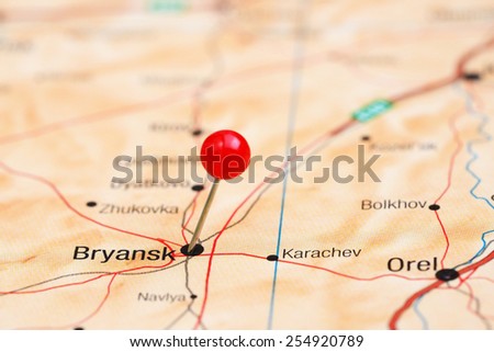 Bryansk pinned on a map of europe