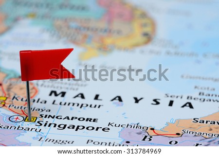 Singapore pinned on a map of Asia