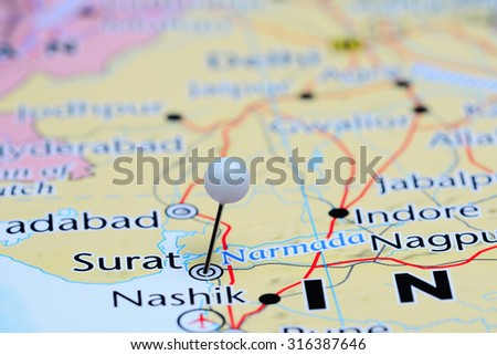Surat pinned on a map of Asia