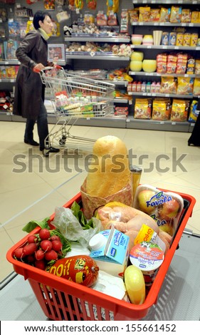 BELGRADE,SERBIA - CIRCA JANUARY 2007: Unidentified customer buys food in supermarket, circa January 2007 in Belgrade