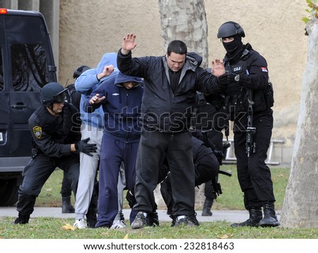 BATAJNICA, SERBIA - CIRCA NOVEMBER 2014: Special force police practices release of hostages at joined exercise, circa November 2014 in Batajnica