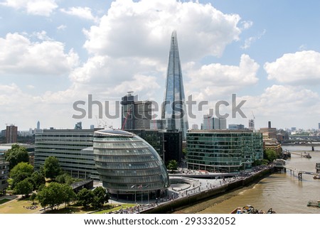 hight view of the London City Hall council at the bank of the River Thames.business aria view from the Tower Bridge