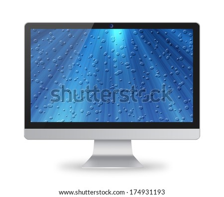 Wide-screen monitor with water bubbles on a blue background on screen. Isolated on white background.