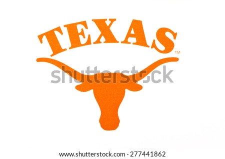 KIEV, UKRAINE - APRIL 08, 2015: Texas Longhorns university logo  printed on paper and placed on white background.  University of Texas at Austin.