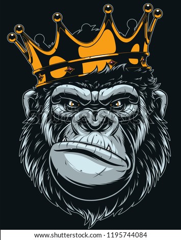 Vector illustration, ferocious gorilla head on with crown, on black background
