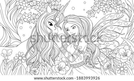 Vector illustration, lovely fairy and little unicorn in the fairy forest, coloring book