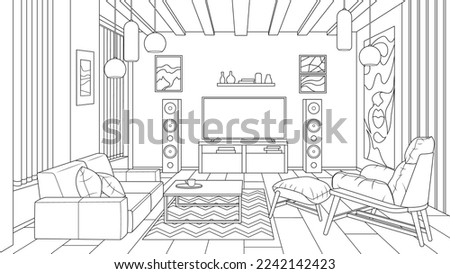Vector illustration, living room room design, book coloring.