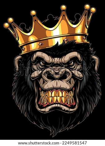 Vector illustration, a gorilla in a crown with gold teeth smirks and laughs, on a black background.